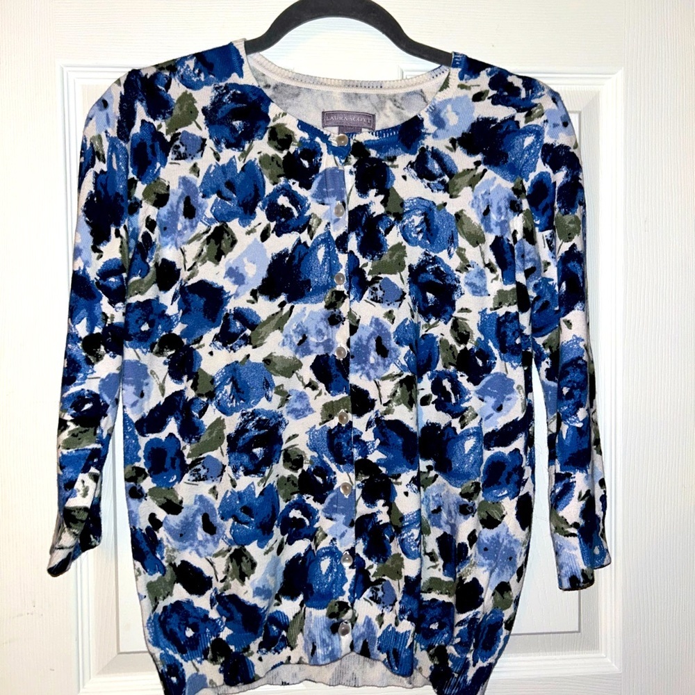 Laura Scott blue and white button-down cardigan, lightweight size small